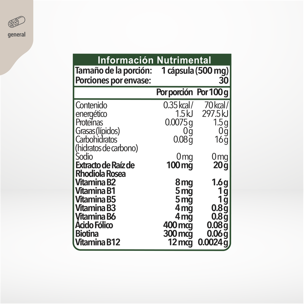 Rhodiola Rosea + Complejo B 30 cápsulas 500 mg