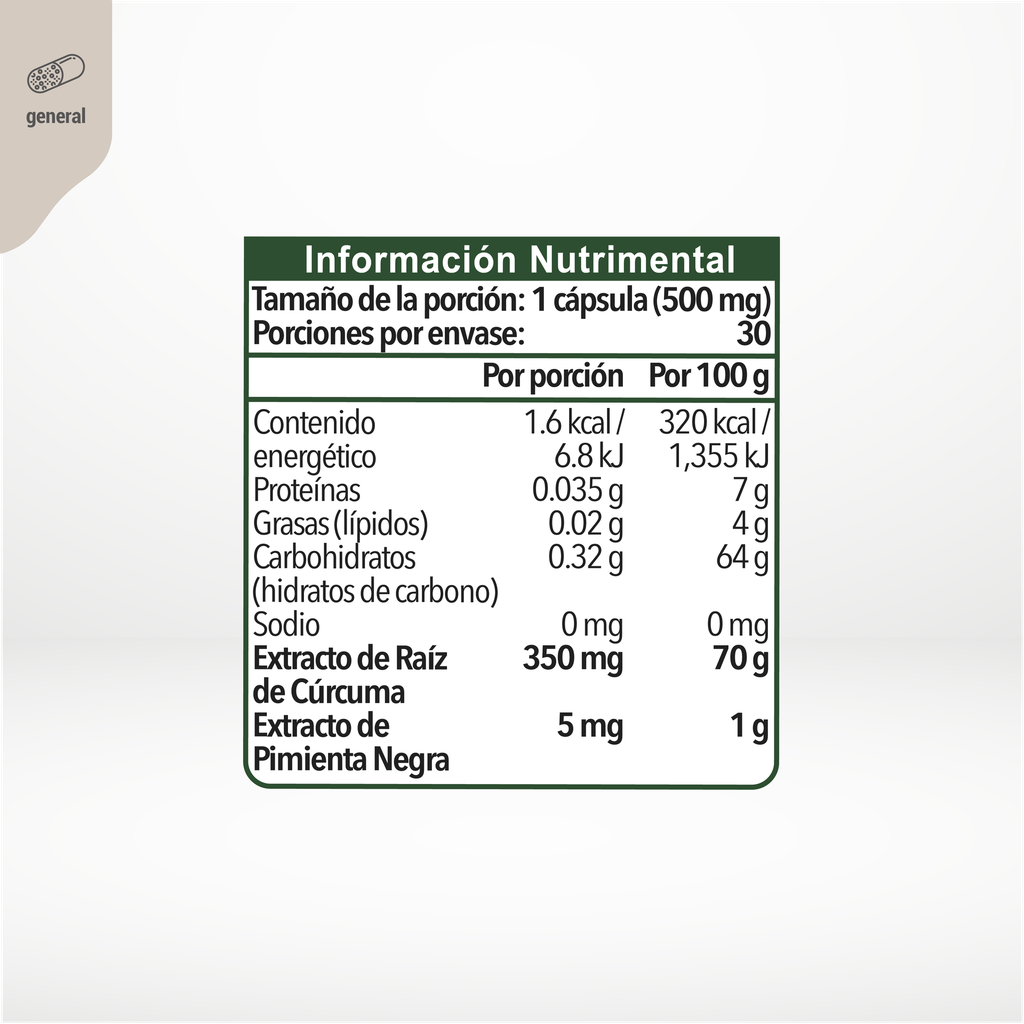 Cúrcuma más Pimienta negra 30 caps de 500 mg