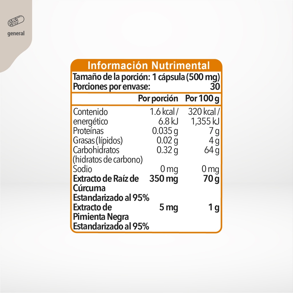 CÚRCUMA + PIMIENTA NEGRA 30 CÁPSULAS DE 500 MG